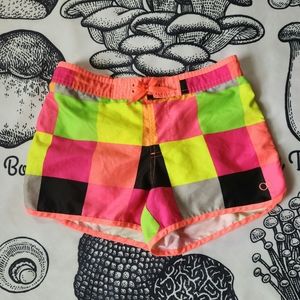 Y2k Ocean Pacific OP Neon Color-Blocked Checker Boardshorts Surf/Swim Trunks